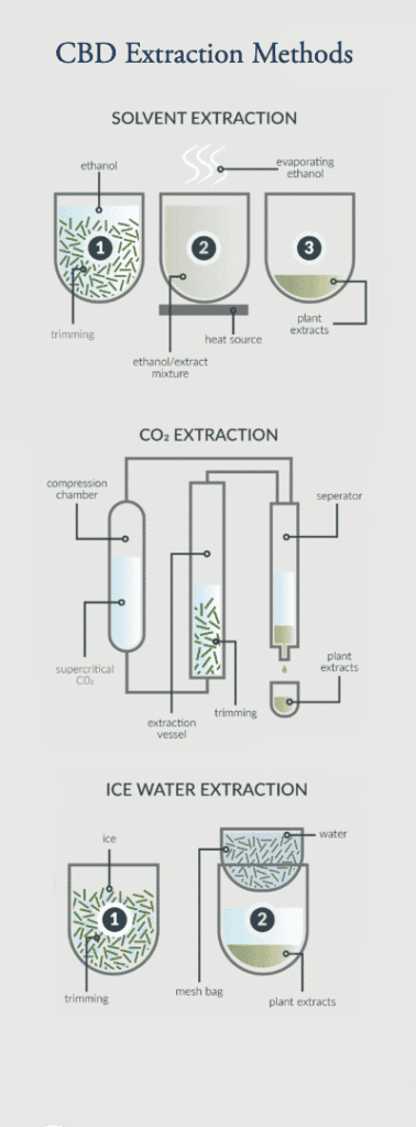 Graph showing different CBD Extraction Methods. Solvent Extraction, CO2 Extraction, and Ice Water Extracton